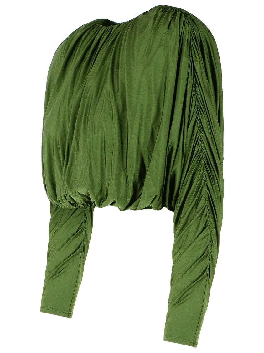 Self-Portrait Olive Ruched Viscose-Blend Cropped Top