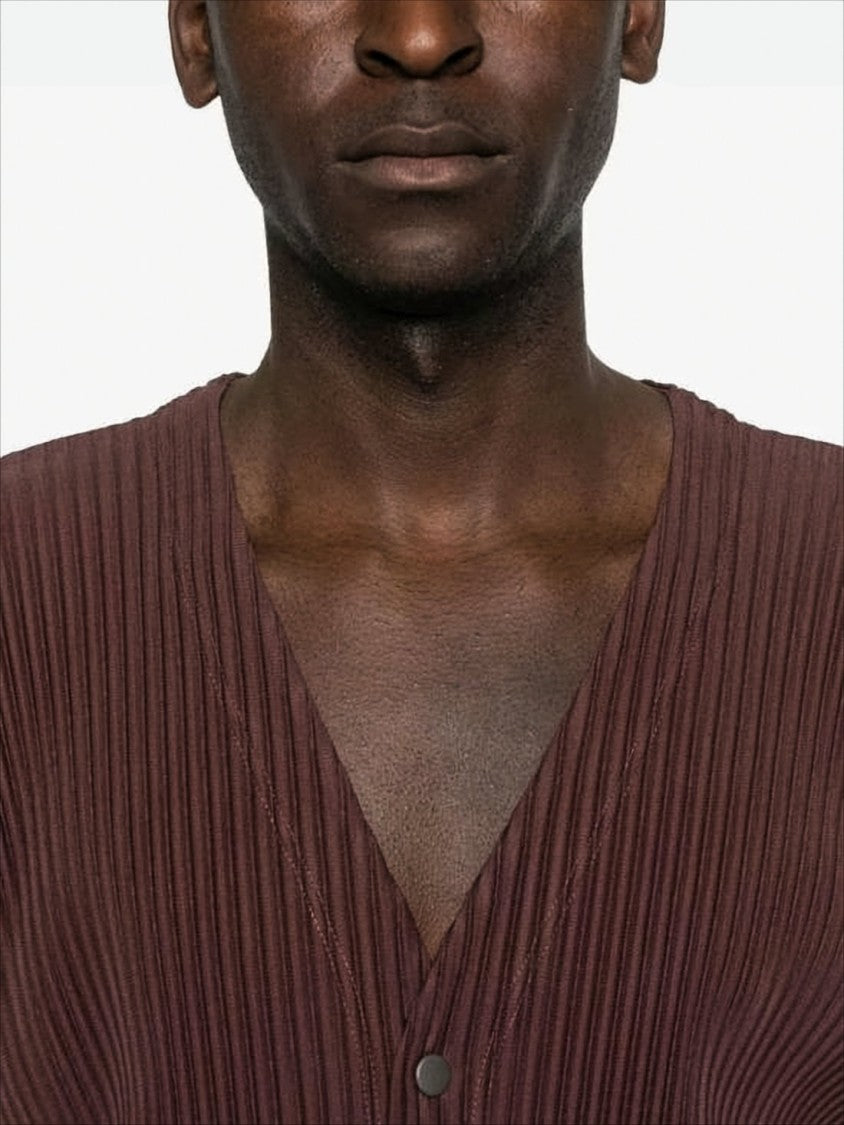 Homme Plissé Issey Miyake Button-Up Textured Cardigan With Deep V-Neckline And Vertical Pleats