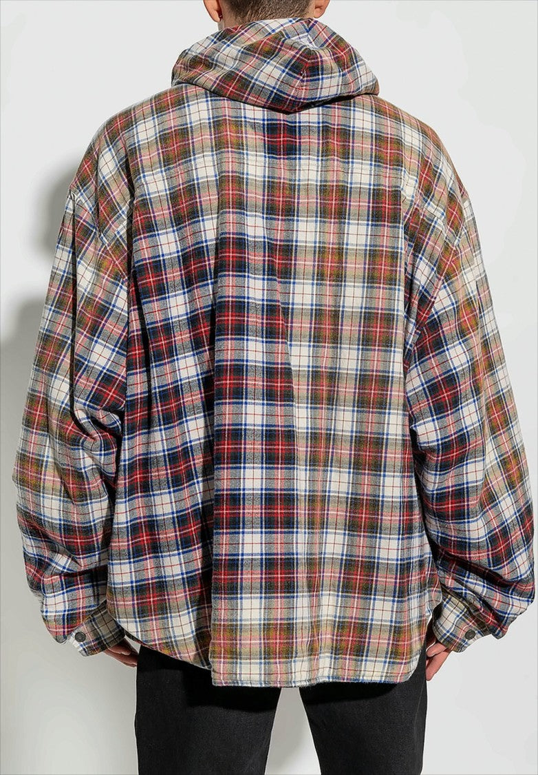 Balenciaga Bleached Plaid Hooded Long Sleeve Shirt