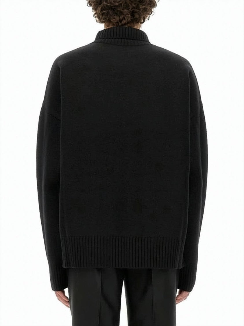 Ami Relaxed Fit Black Wool Turtleneck Sweater With Graphic Heart Motif