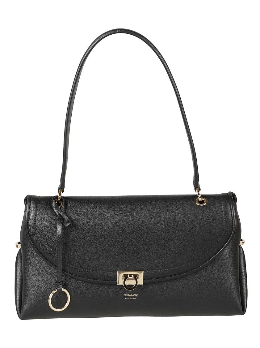 Ferragamo Structured Black Calf Leather Handbag With Gold Accents