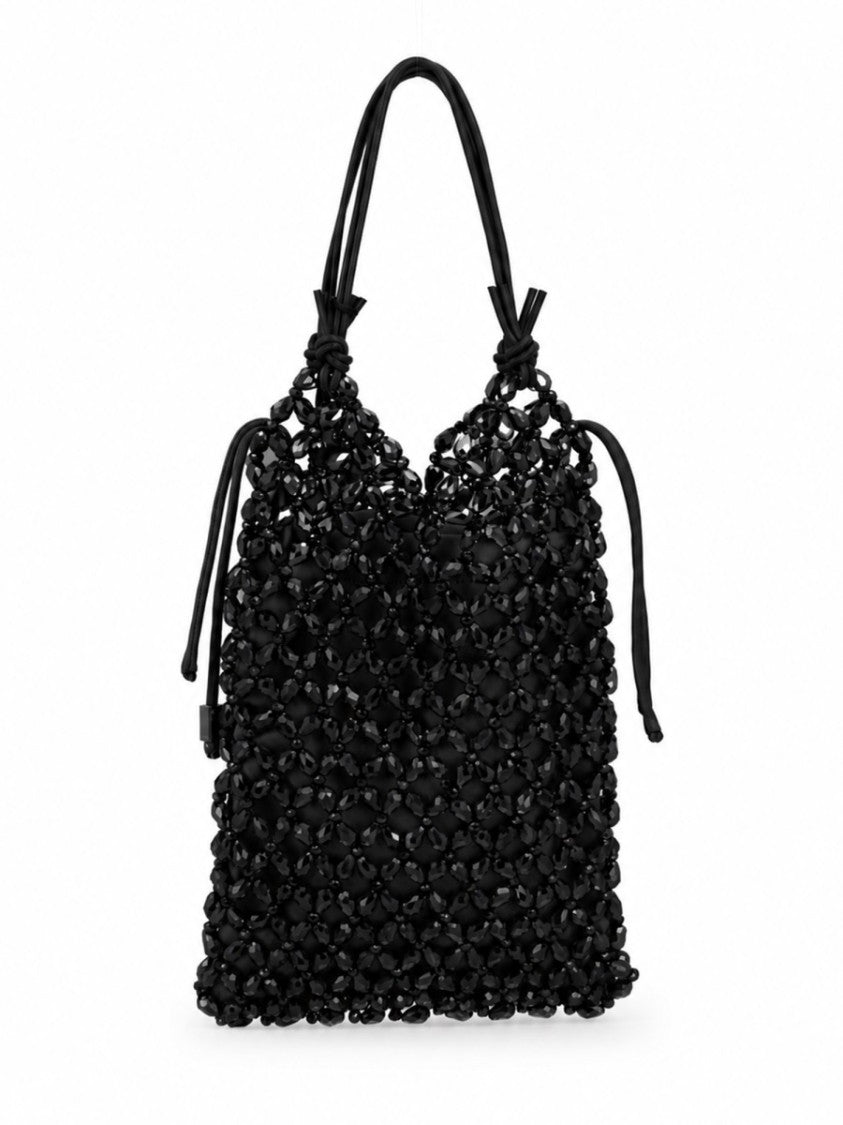 Staud Textured Black Crystal Bead Tote With Artisanal Accents