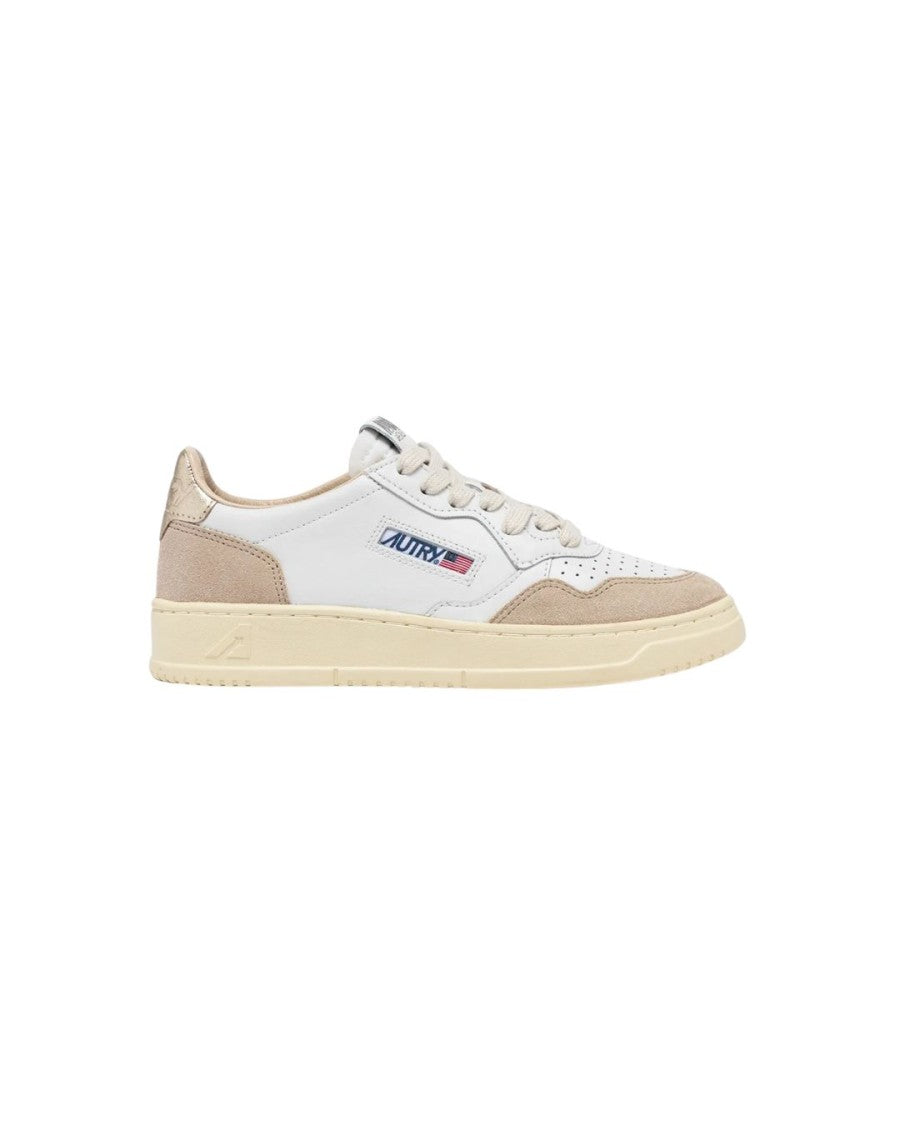 Autry Medalist Low Sneakers In White Leather And Gold Suede