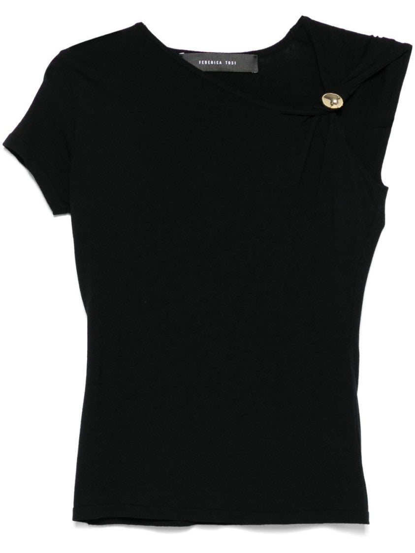 Federica Tosi Asymmetrical Black Top With Brooch Detailing
