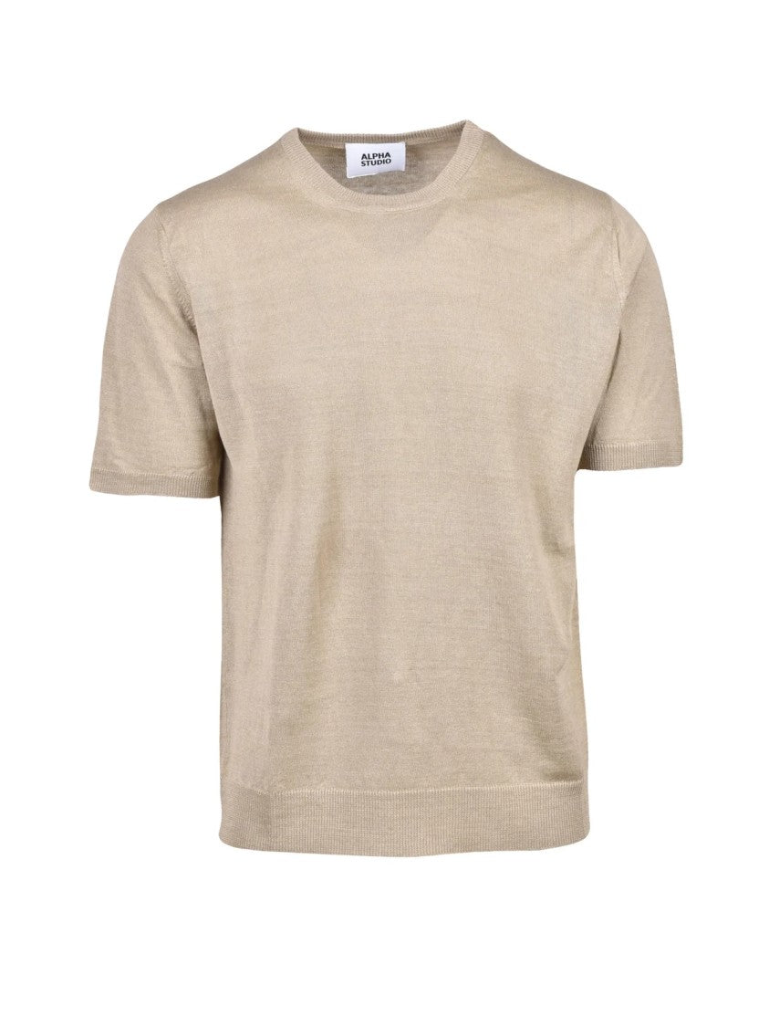 Alpha Studio Beige Men Hemp Brushed Pullover Top