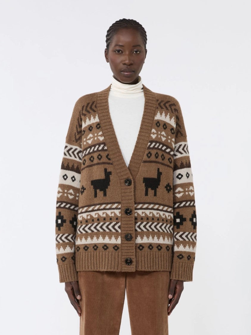 Max Mara Textured Brown Knit Cardigan With Geometric Motifs