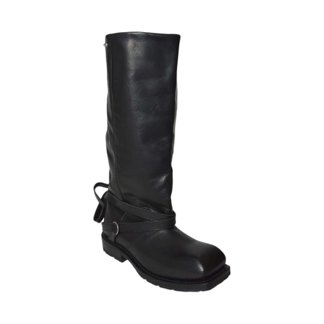 Our Legacy Tall Black Leather Boots With Wrap-Around Strap And Metal Ring Detail