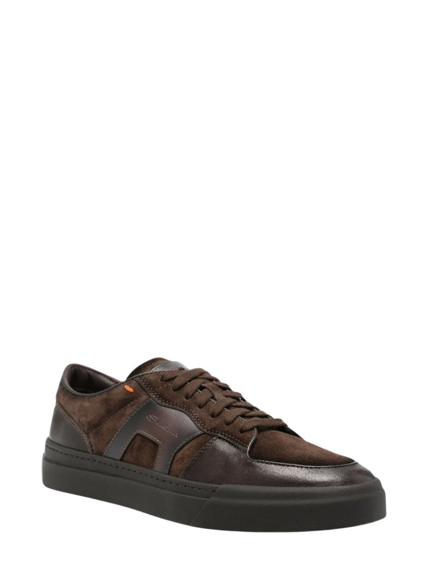 Santoni Low-Top Suede-Panelled Leather Sneakers