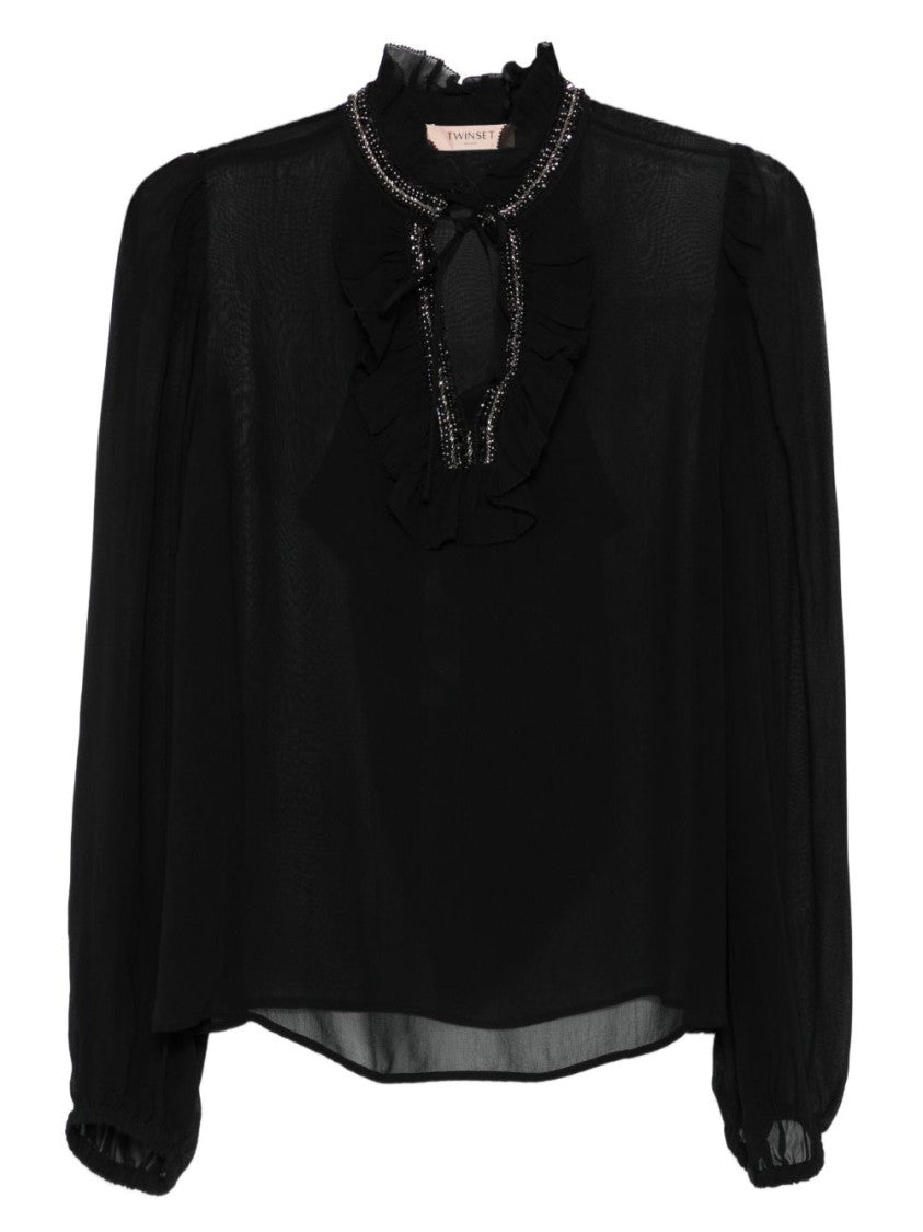 Twin-Set Ruffled Black Blouse With Bead Embellishments