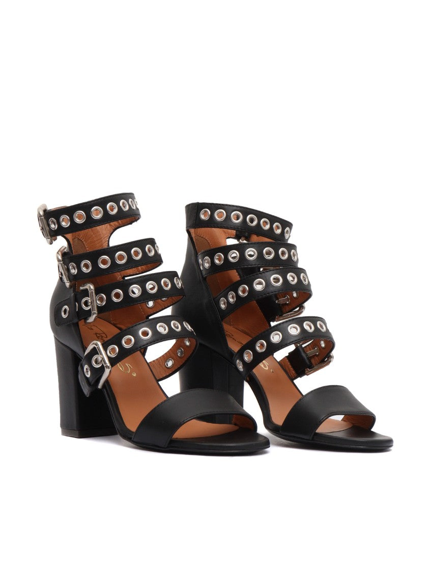 Via Roma 15 Black Leather Sandals With Four Adjustable Straps