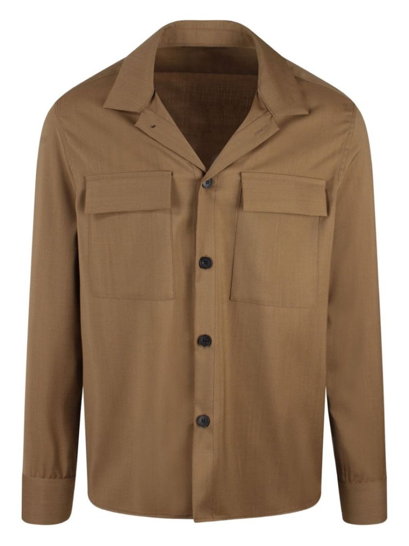 Low Brand Brown Wool Shirt With Classic Collar