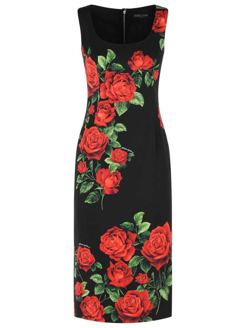 Dolce & Gabbana Black Rose Pattern Sleeveless Stretch Silk Dress