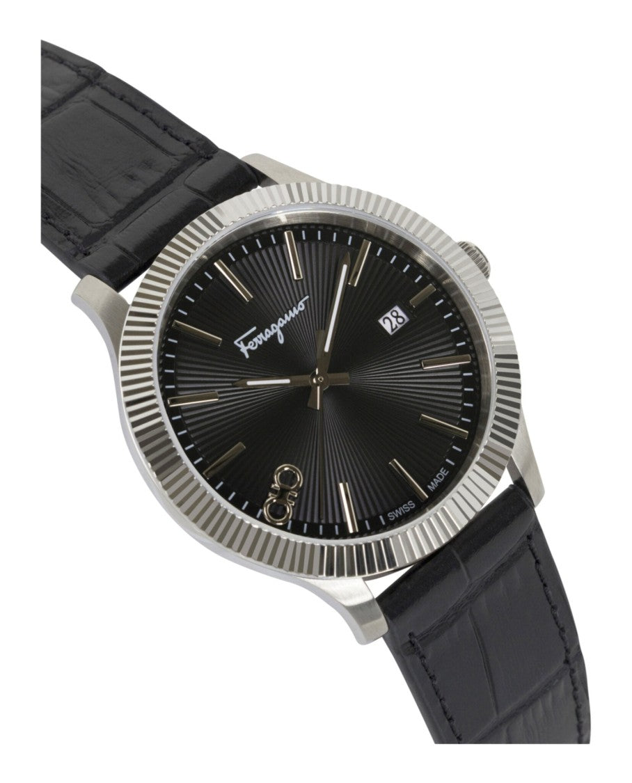 Ferragamo Classic Black Leather Stainless Steel Watch