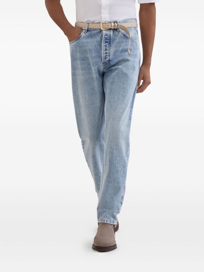 Brunello Cucinelli Light Blue Denim Trousers With Tapered Leg And Five-Pocket Design