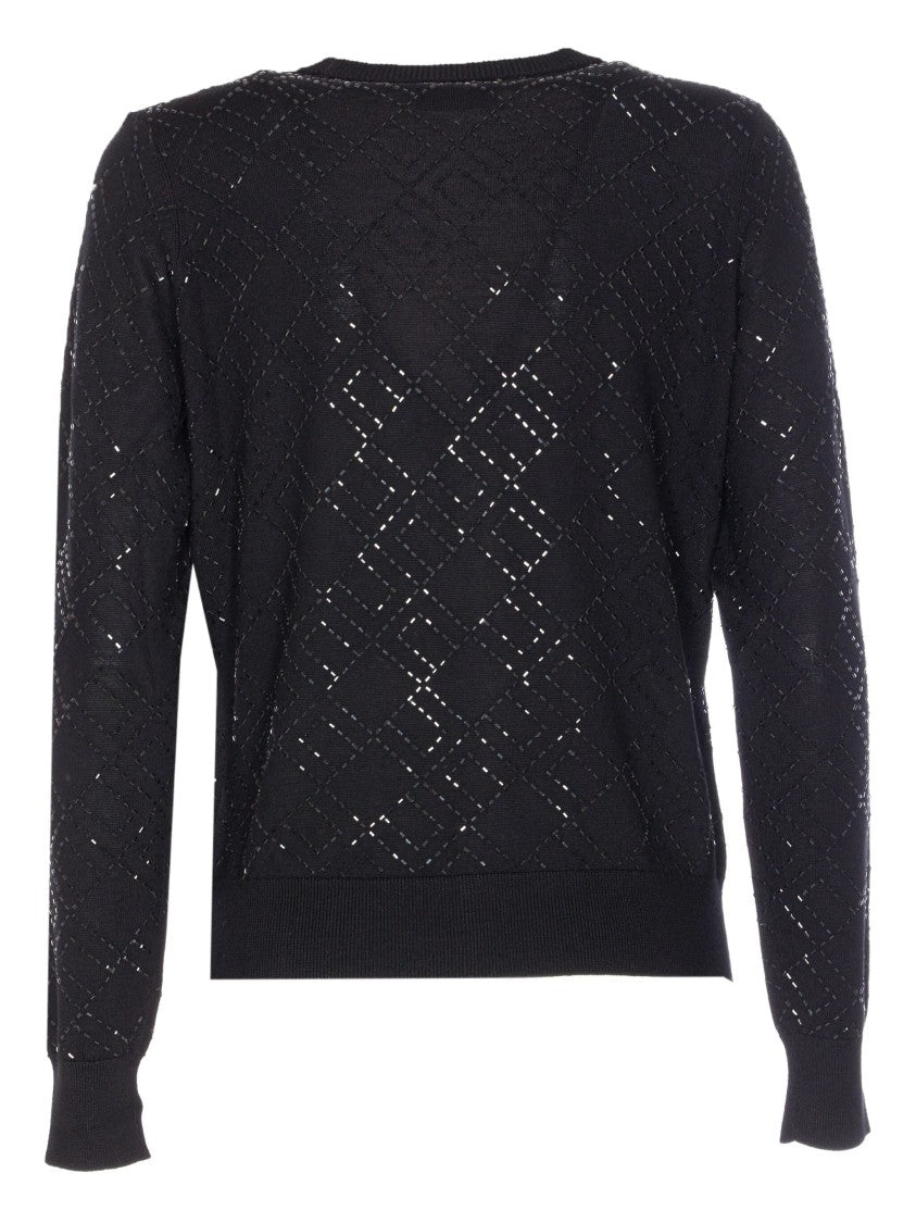 Elisabetta Franchi Diamond-Pattern Black V-Neck Knit Cardigan