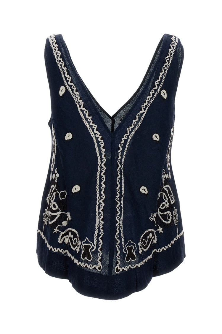 Parosh Intricately Embroidered Blue Linen Top With V-Neckline
