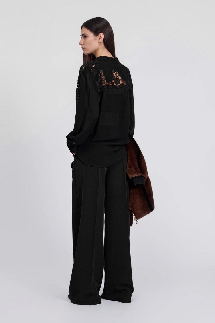 Ermanno Black Floral Lace Yoke Viscose Shirt