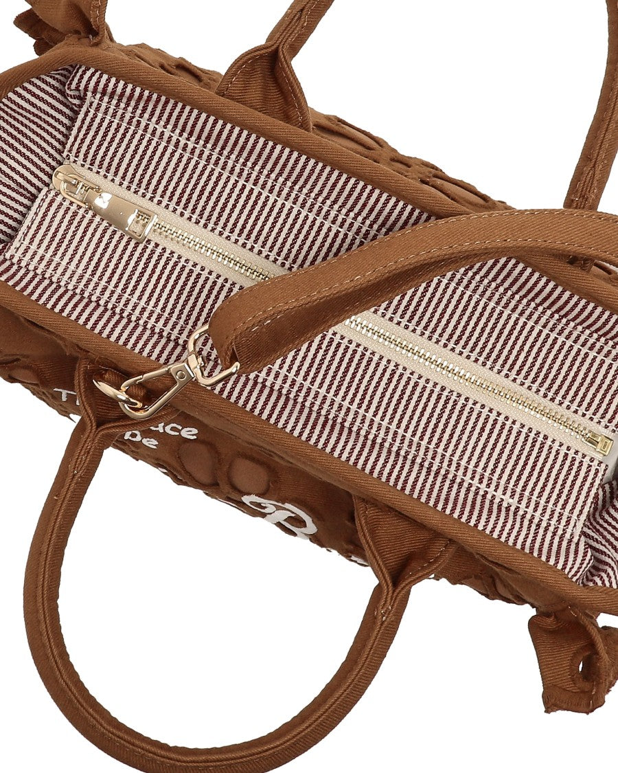 Mc2 Saint Barth Medium Brown Sangallo Embroidered Tote With Ruffled Edges