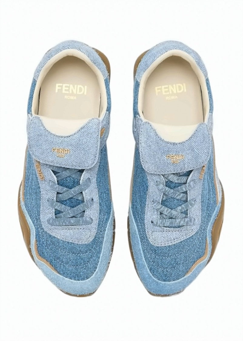 Fendi Denim-Upper Sneakers With Tan Piping And Gum Sole