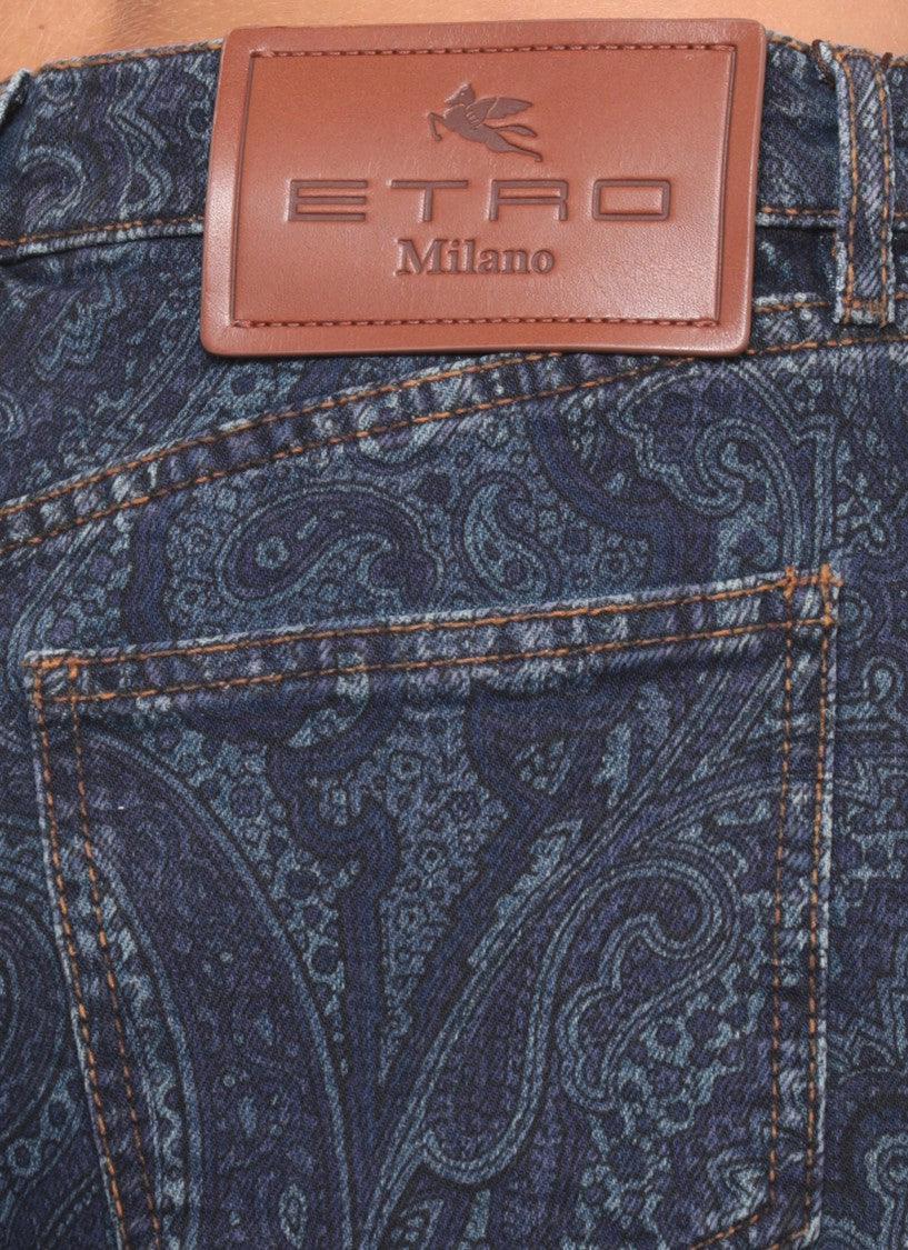 Etro Blue Dark Paisley Flared Cotton Denim Jeans
