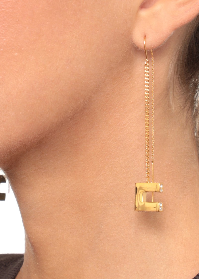 Elisabetta Franchi Gold Threader Earrings With Geometric Pendant And Glittering Detail