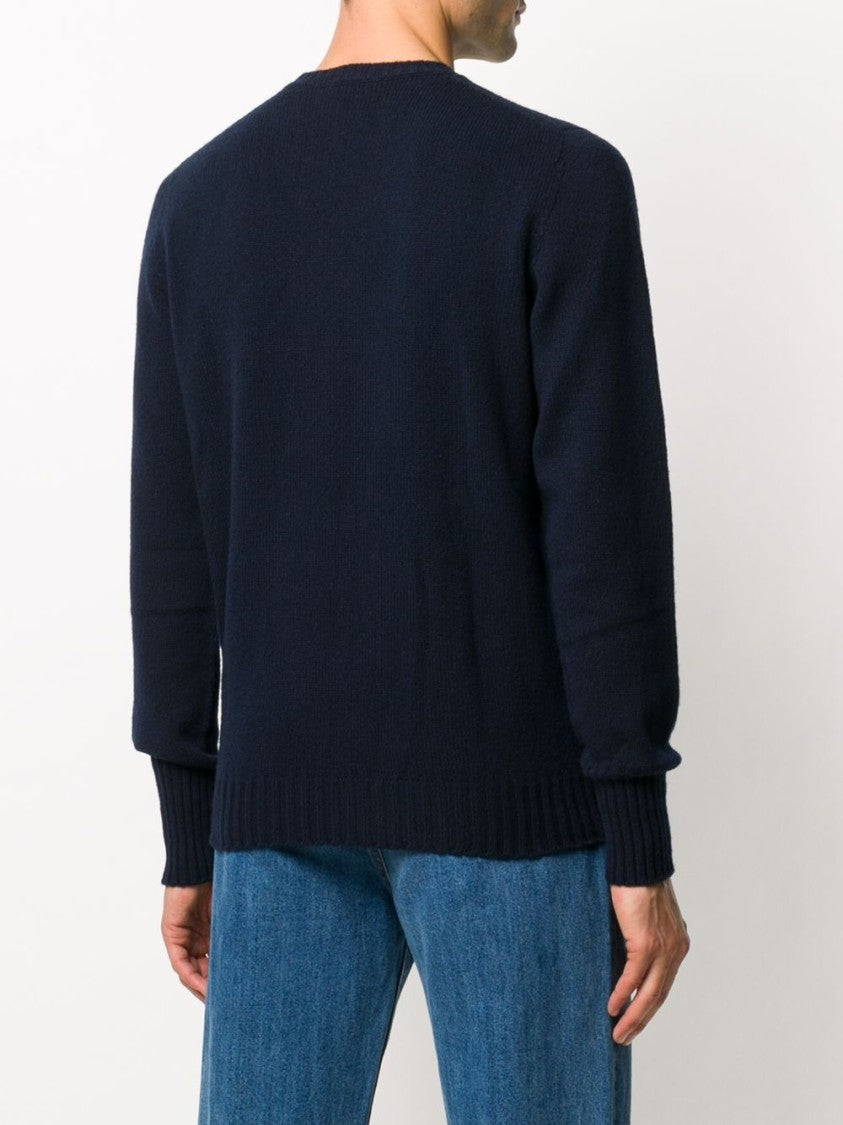Drumohr Ribbed Hem Long-Sleeve Navy Fine Knit Sweater