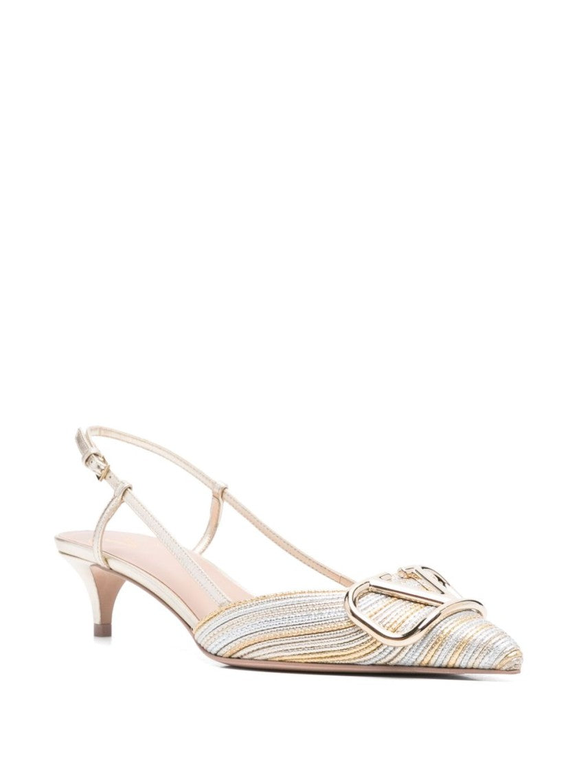 Valentino Garavani Vlogo Signature Silver Leather Pumps With Pointed Toe And Side Buckle