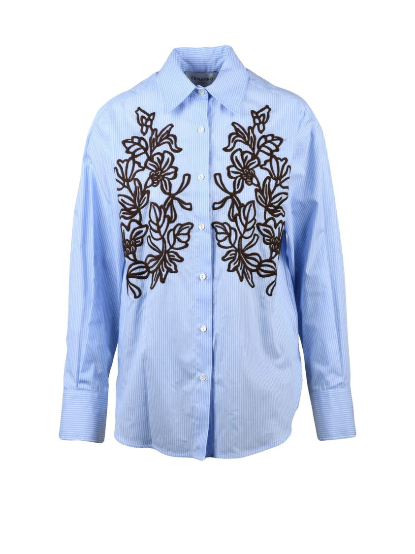 Ermanno Firenze Light Blue Floral Embroidered Cotton Shirt