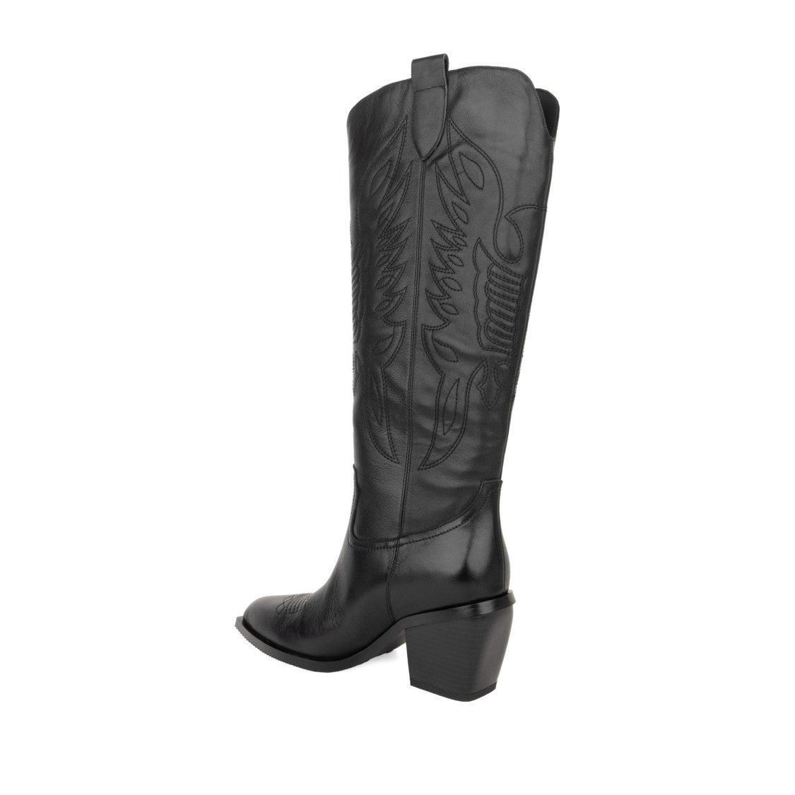 Linda Baumann Black Pointed Toe Intricate Stitching Tall Leather Boots