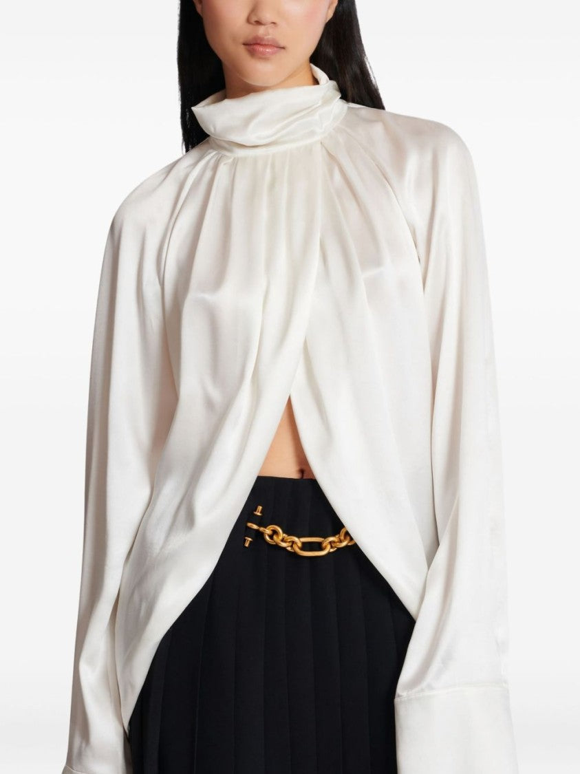 Balmain High-Neck White Top With Gathered Draped Front