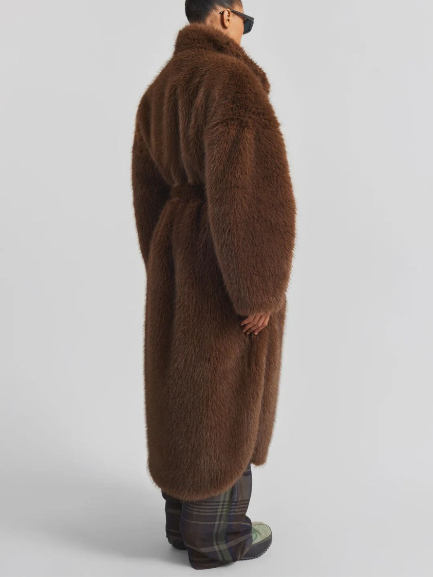 The Frankie Shop Brown High Collar Faux Fur Coat