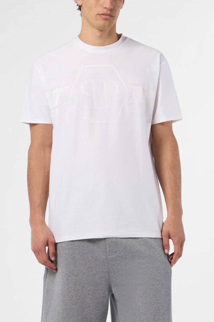 Philipp Plein White Tonal Jacquard Hexagon Line Cotton-Blend T-Shirt