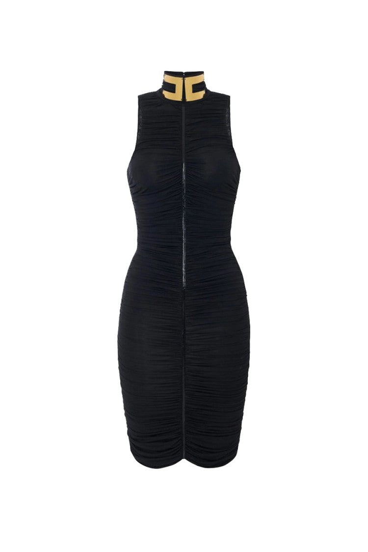 Elisabetta Franchi Black Ruched Sleeveless Viscose-Blend Knee-Length Dress