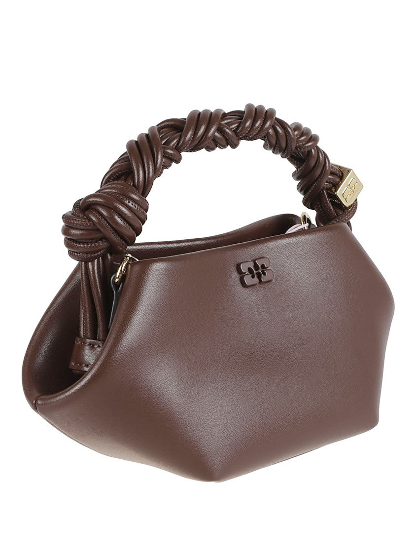Ganni Geometric Brown Structured Handbag With Braided Handle And Adjustable Strap