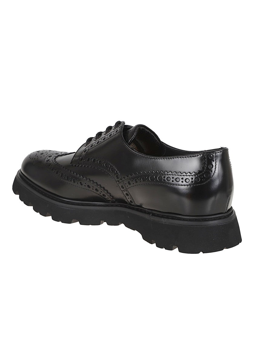 Doucal's Smooth Black Calf Leather Lace-Up Brogue Shoes