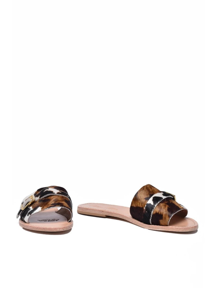 Mim Mar Brown White Spotted Pony Hair Leather Slide Sandals