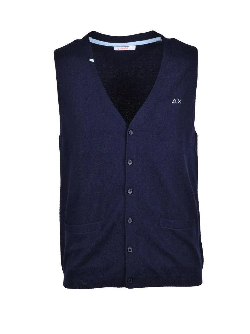 Sun68 Blue Sleeveless Button-Down Merino Wool-Cotton Vest