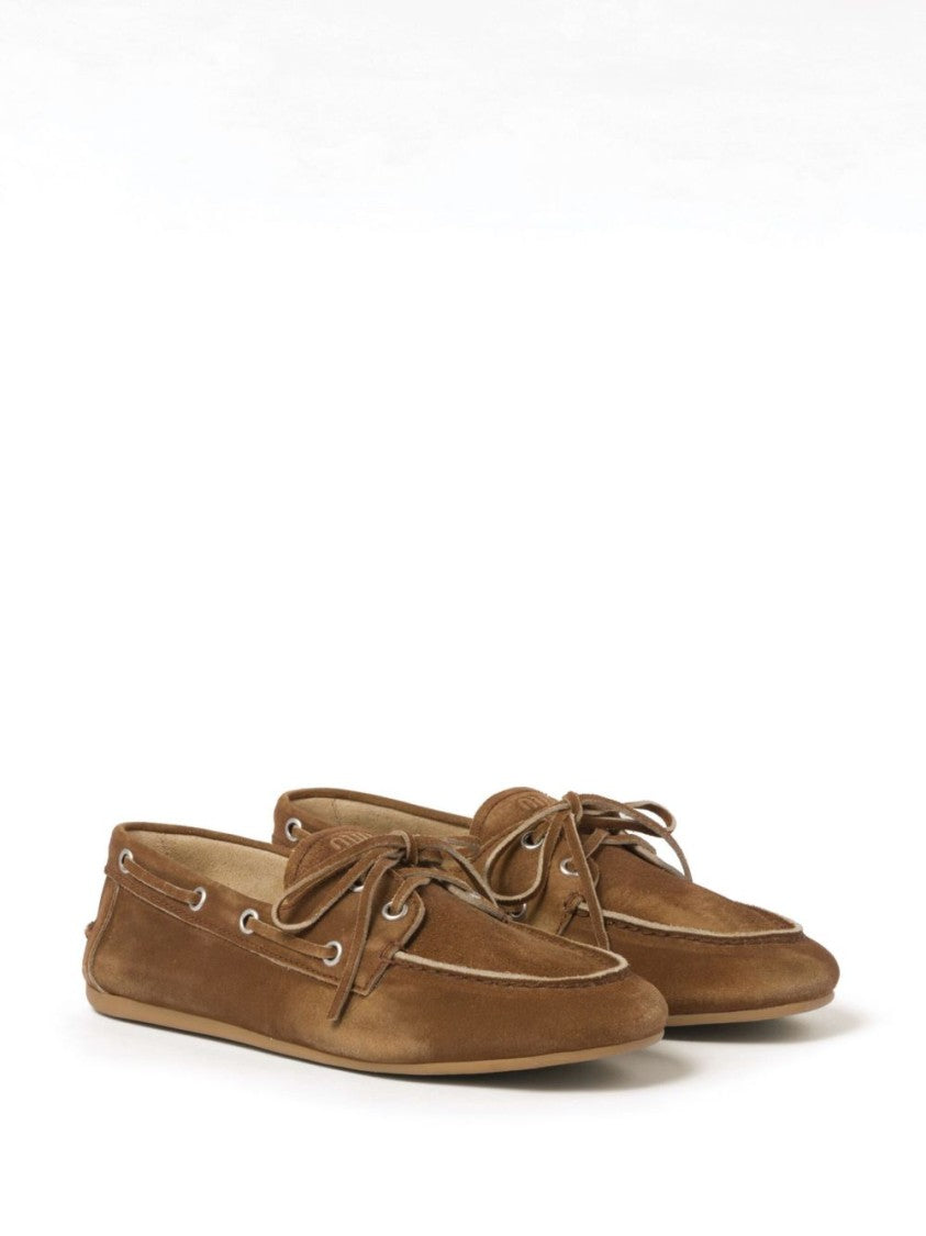 Miu Miu Brown Suede Lace-Up Moccasin Flats