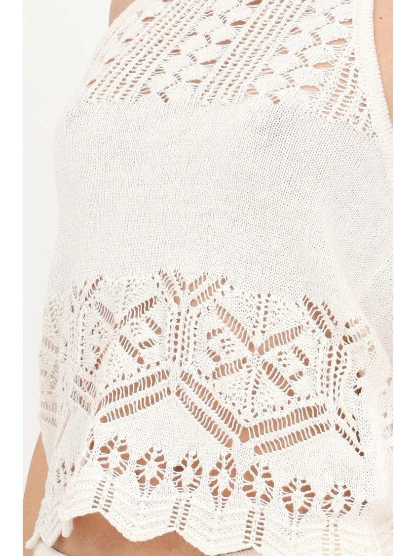 Akep White Openwork Tricot Linen-Cotton Tank Top