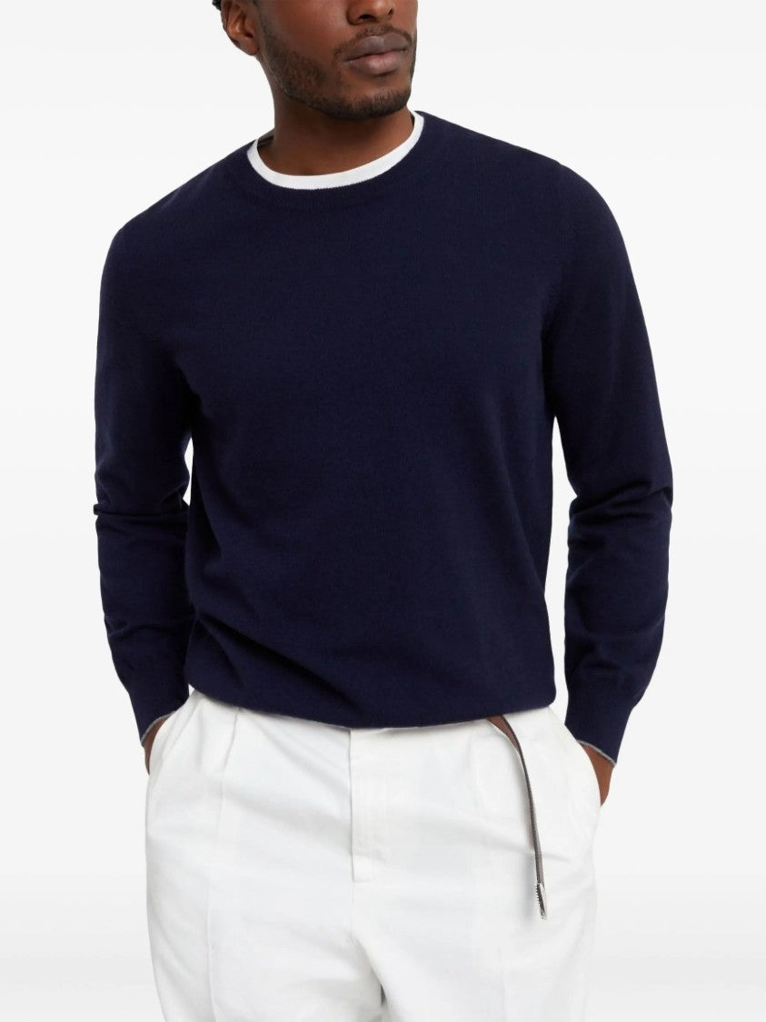 Brunello Cucinelli Deep Blue Cashmere Ribbed Crewneck Sweater