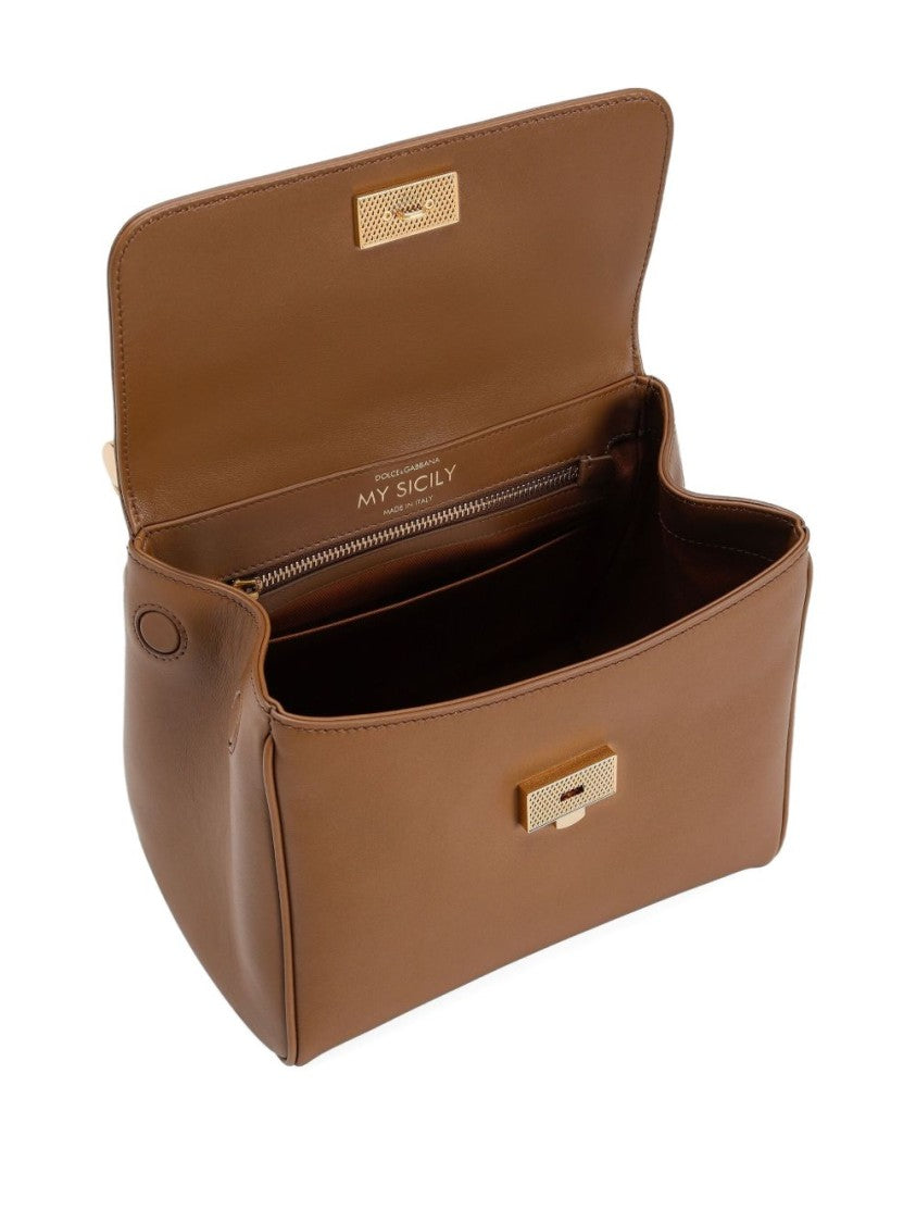 Dolce & Gabbana Smooth Calf Leather Gold Accent Structured Top Handle Bag