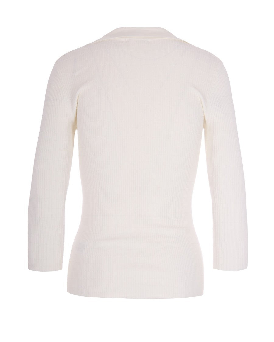Elisabetta Franchi Ivory Ribbed Sweater With Pocket