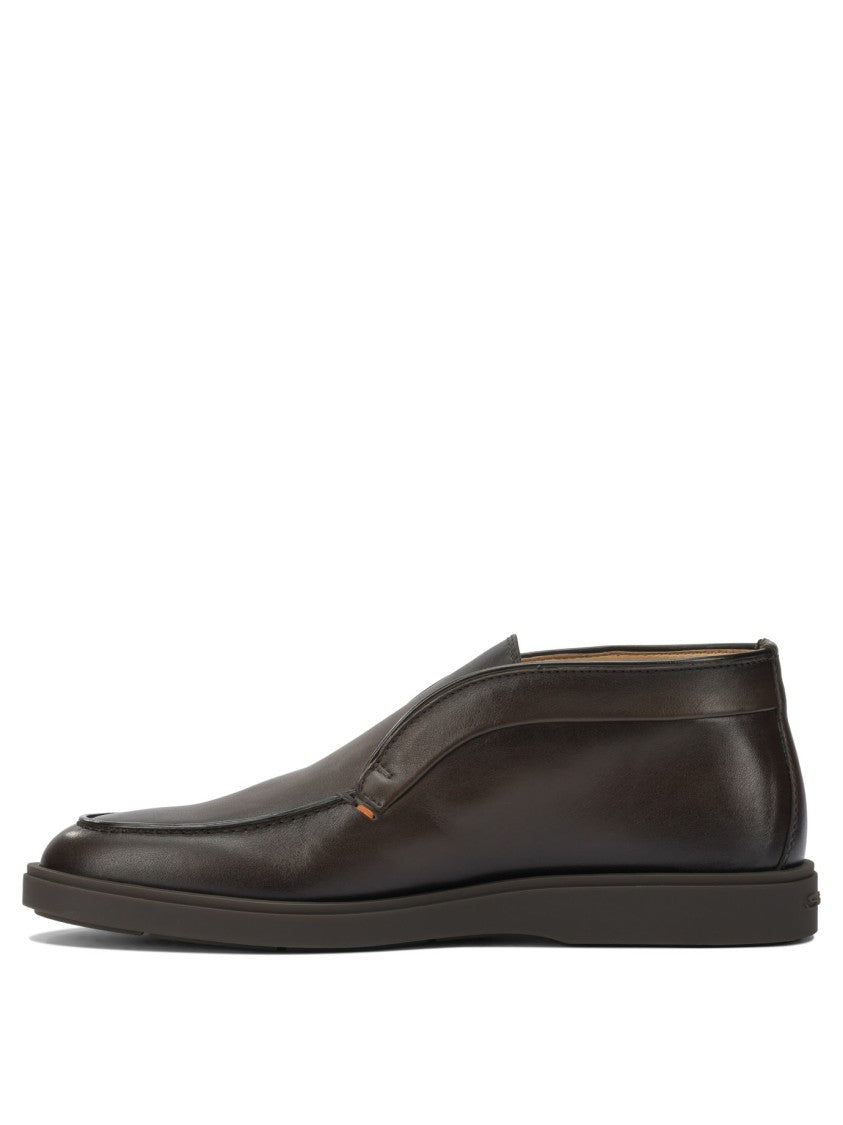 Santoni Brown Leather Loafers With Rounded Toe