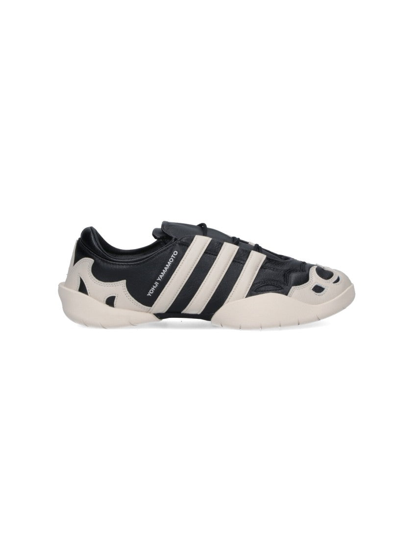 Y-3 Black Leather Sneakers With Cream Accents And Iconic Stripes