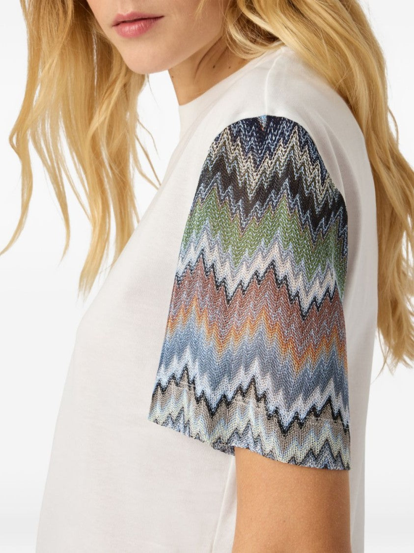 Missoni Short-Sleeved Top With Multicolored Zigzag Knit Sleeves
