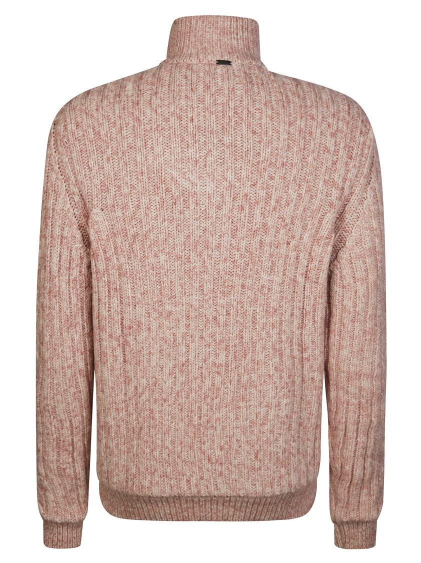 Herno Textured Knit Cardigan With Full Zipper And High Collar