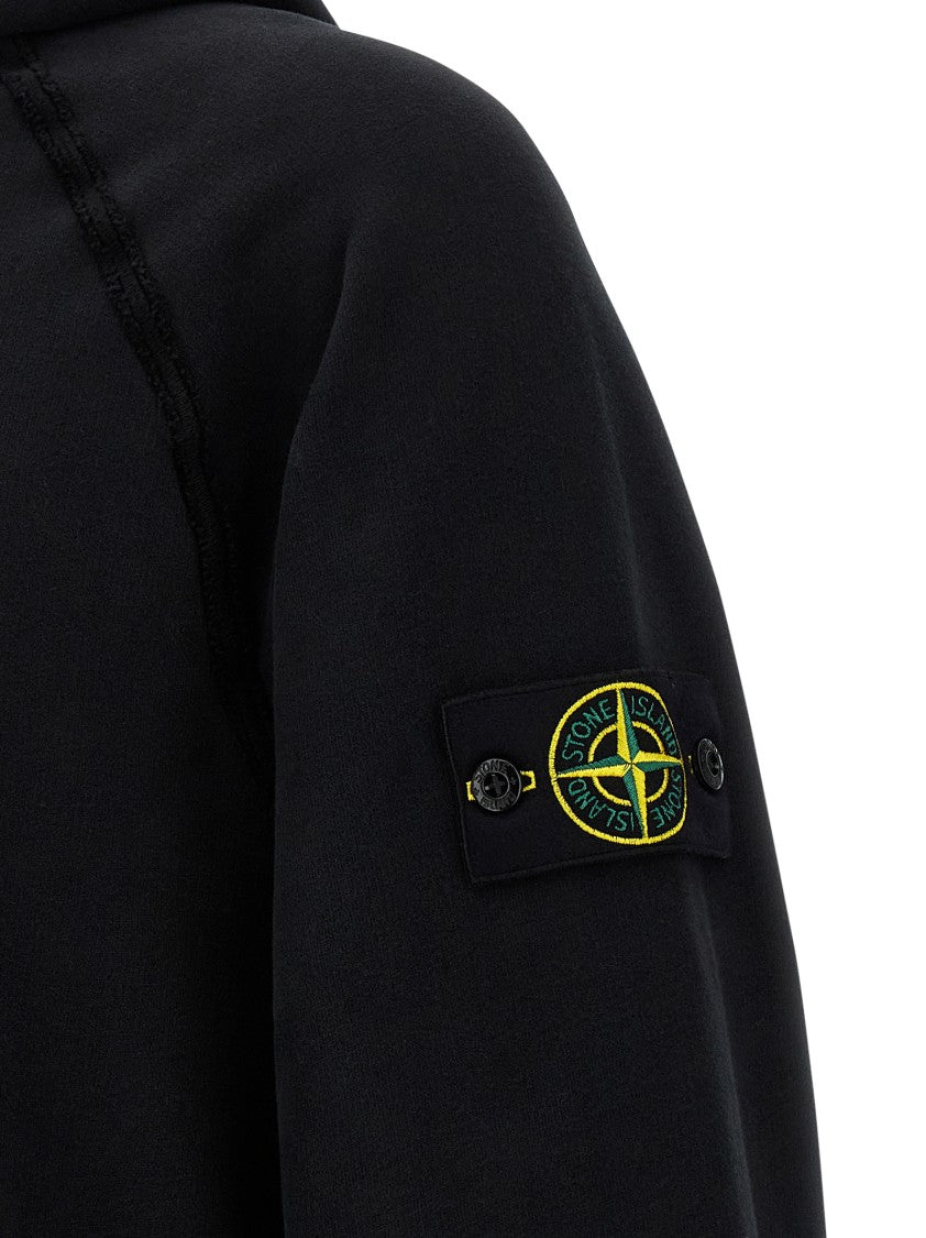 Stone Island Logo Badge Fleece Cotton Hoodie With Ribbed Inserts