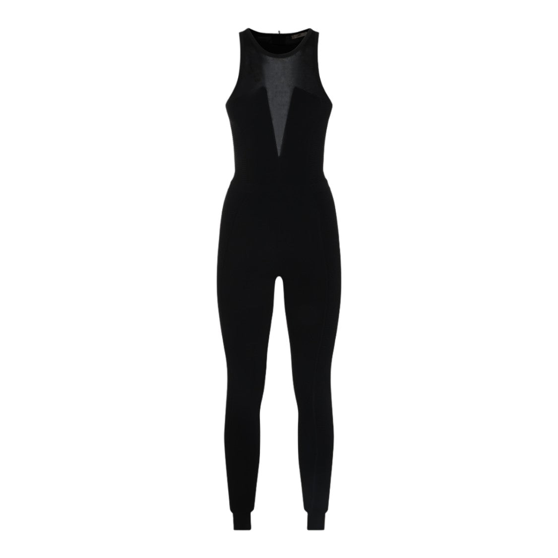 Elisabetta Franchi Form-Fitting Black Jumpsuit With Sheer Mesh Panel And Ribbed Detailing