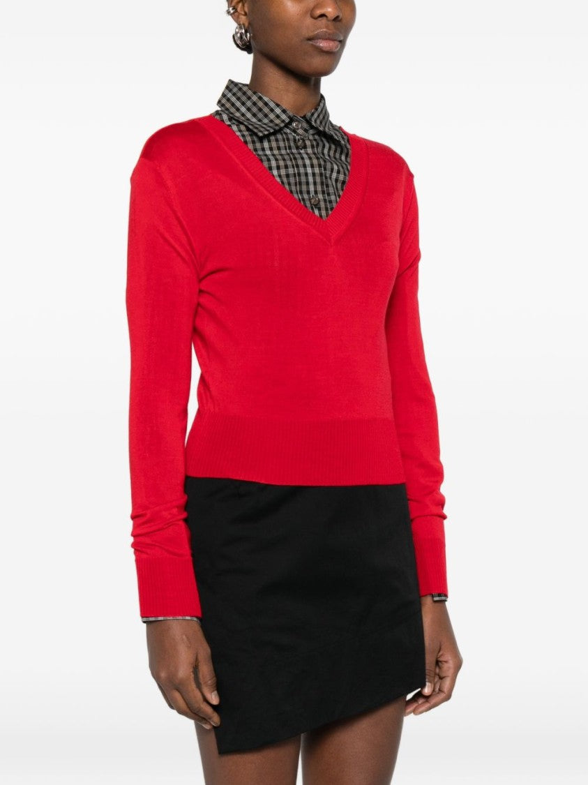 Vivienne Westwood Fitted Red Sweater With Deep V-Neckline And Ribbed Cuffs