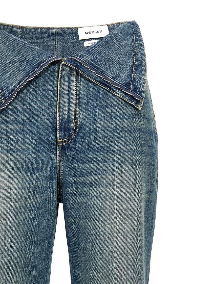 Mcqueen High-Waisted Bootcut Denim Pants With Turn-Up Design